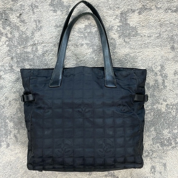 Chanel Travel Line Canvas Leather Tote Bag GM Black Side Buckles Zip Top - Picture 3 of 17